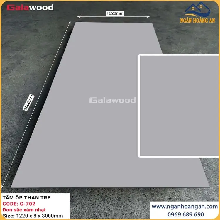 Tấm Ốp Đa Năng Than Tre Galawood Đơn Sắc Xám Nhạt 8mm G-702