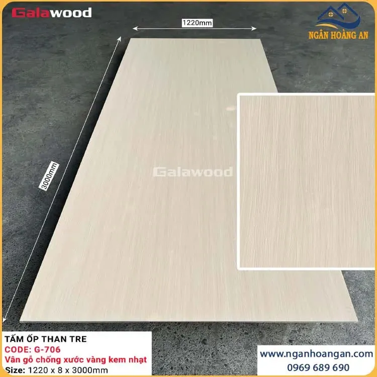 Tấm Ốp Than Tre Galawood 8mm G-706 Vân Gỗ Xước Vàng Kem Nhạt