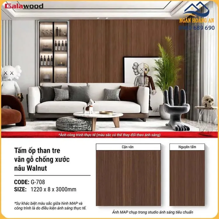 Tấm Ốp Than Tre Galawood 8mm G-708 Vân Gỗ Chống Xước Nâu Walnut