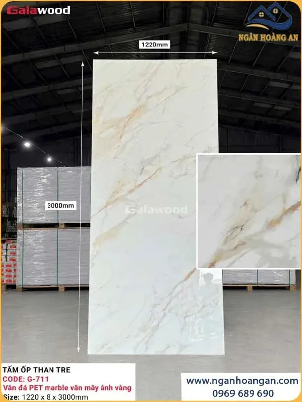 Tấm Ốp Than Tre Galawood Vân Đá PET Marble Vân Mây Ánh Vàng 8mm G-711