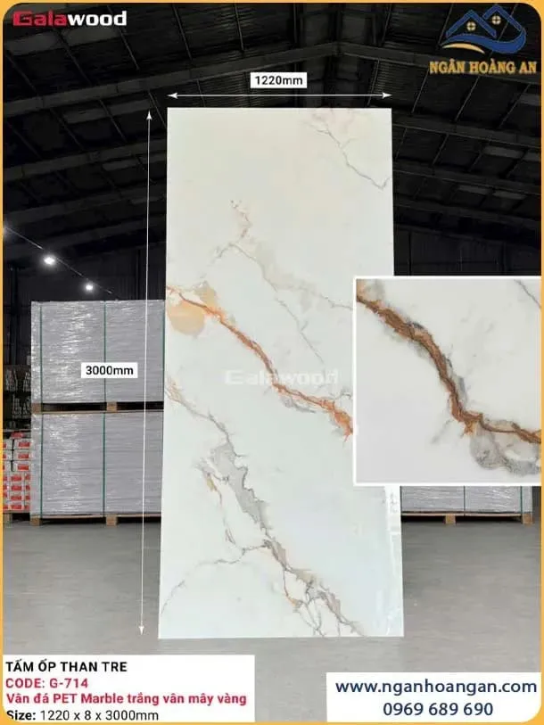 Tấm Ốp Tường Than Tre Galawood G-714 Vân Đá PET Marble Trắng Vân Mây Vàng