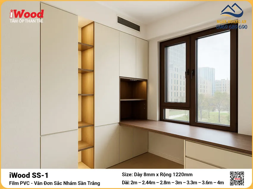 Tấm Ốp Than Tre Vân Đơn Sắc Nhám Sần Trắng iWood SS-1