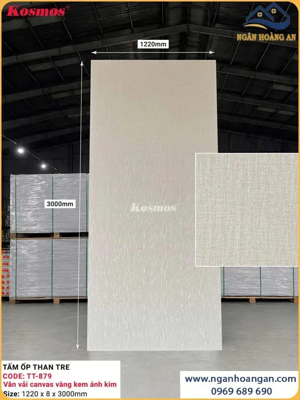 Tấm Ốp Tường Than Tre Kosmos TT-879 Vân Vải Canvas Vàng Kem Ánh Kim