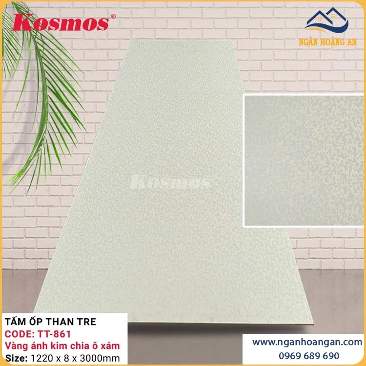 Tấm Ốp Than Tre Kosmos TT-861 Vân Vải Vàng Ánh Kim Chia Ô Xám