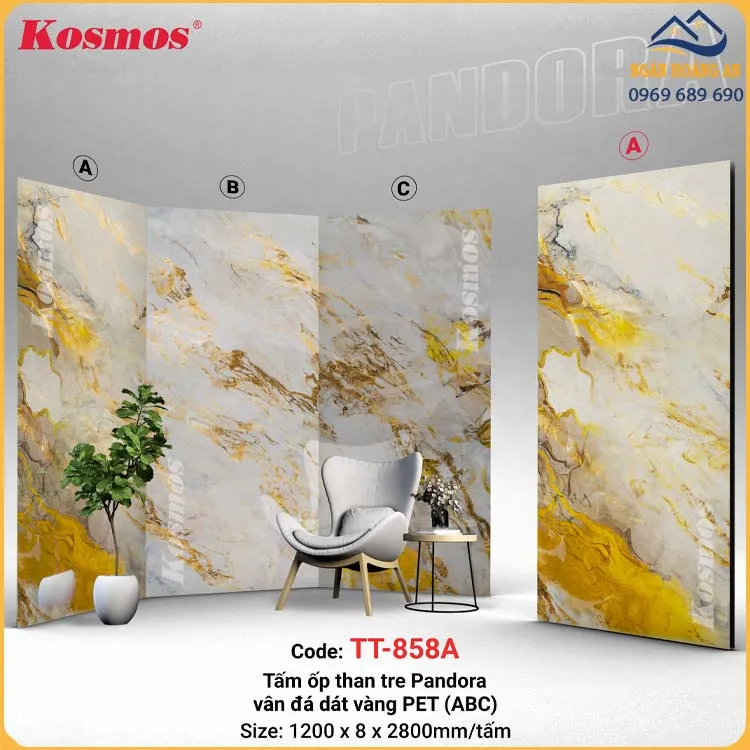 Ốp Tường Than Tre Pandora Vân Đá Dát Vàng PET Kosmos TT-858