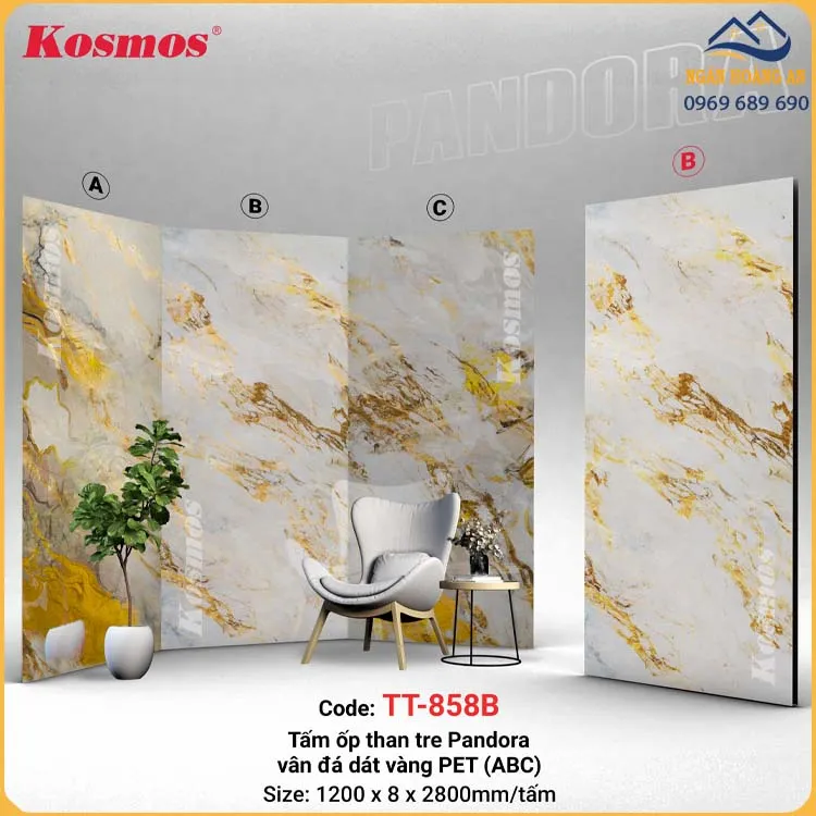 Ốp Tường Than Tre Pandora Vân Đá Dát Vàng PET Kosmos TT-858