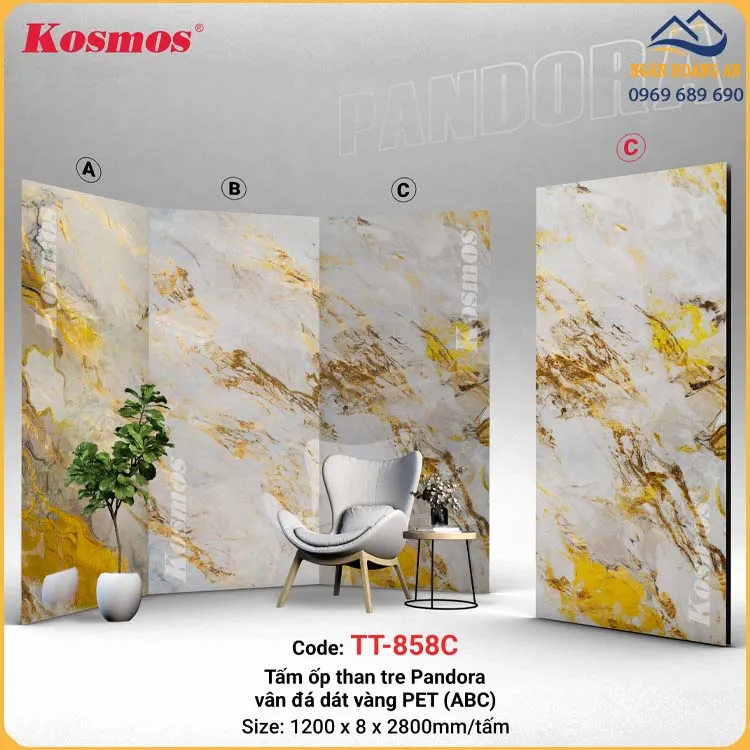 Ốp Tường Than Tre Pandora Vân Đá Dát Vàng PET Kosmos TT-858