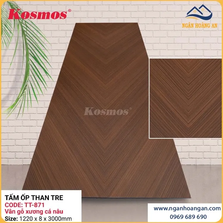 Tấm Ốp Tường Sợi Than Tre Vân Gỗ Xương Cá Nâu Kosmos TT-871