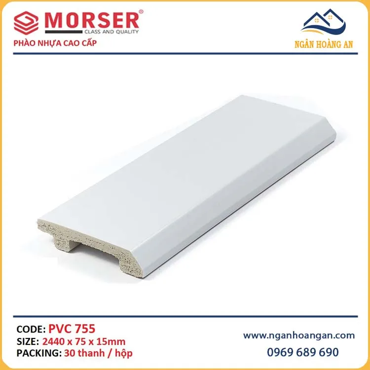 Len Chân Tường Nhựa PVC Màu Trắng Trơn Morser PVC755 Cao 75mm