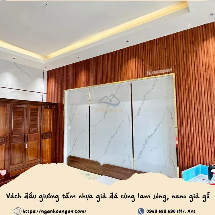 Tấm nhựa PVC giả đá kết hợp lam sóng là lựa chọn tuyệt vời để ốp vách đầu giường Tấm nhựa PVC giả đá kết hợp lam sóng là lựa chọn tuyệt vời để ốp vách đầu giường