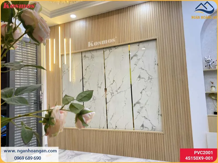Ốp Vách Tivi Bằng Tấm PVC Giả Đá Và Lam Sóng