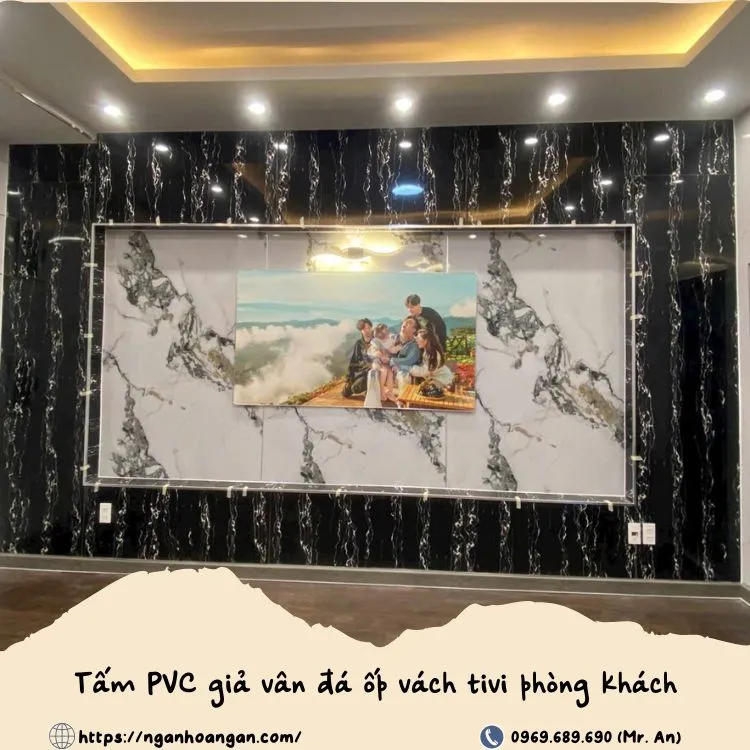 Vách tivi phòng khách được trang trí bằng tấm nhựa PVC giả vân đá Vách tivi phòng khách được trang trí bằng tấm nhựa PVC giả vân đá