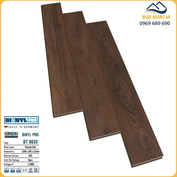 Sàn Gỗ Công Nghiệp Binyl Đức BT8633 Cốt Đen Dày 12mm