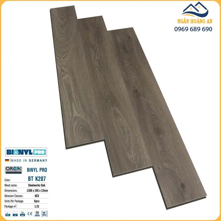 Sàn Gỗ Công Nghiệp Cốt Đen Binyl Đức BT K287 Dày 12mm
