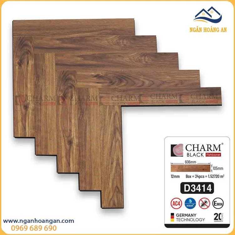 Sàn Gỗ Lát Xương Cá Cốt Đen Charmwood D3414 12mm