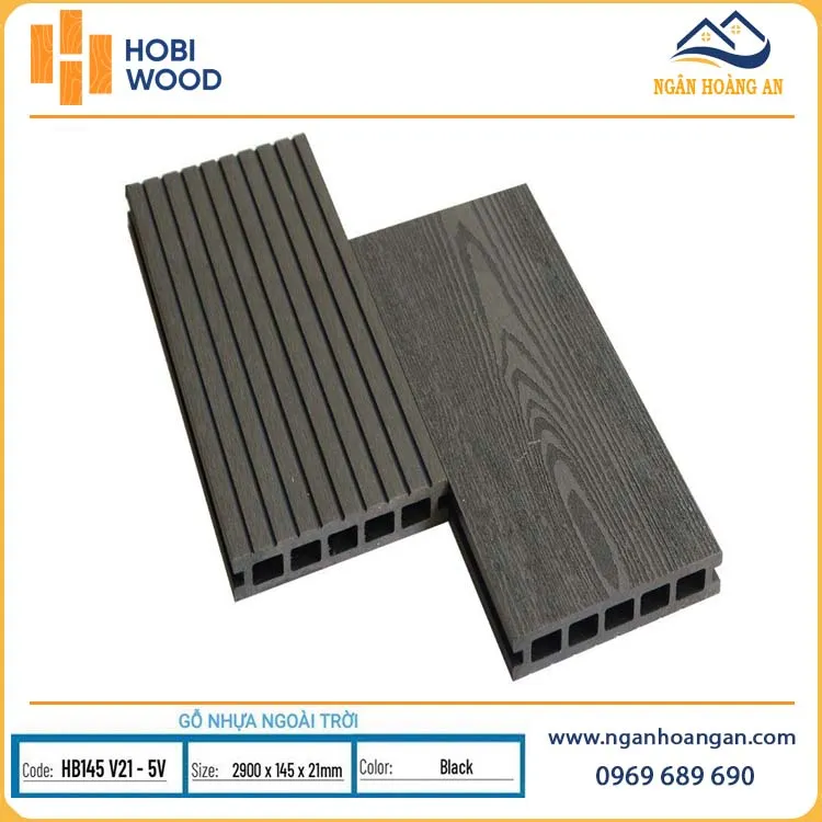 Sàn Gỗ Nhựa Ngoài Trời 5 Lỗ Vuông Hobiwood HB145V21-5V Black Sàn Gỗ Nhựa Ngoài Trời 5 Lỗ Vuông Hobiwood HB145V21-5V Black