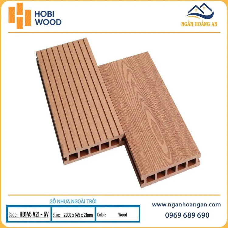 Sàn Gỗ Nhựa Ngoài Trời 5 Lỗ Vuông Hobiwood HB145V21-5V Wood