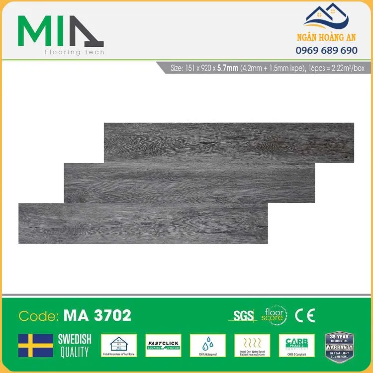 Sàn Nhựa Vinyl Hèm Khóa Giả Gỗ MIA MA 3702 Đế Cao Su 5.7m
