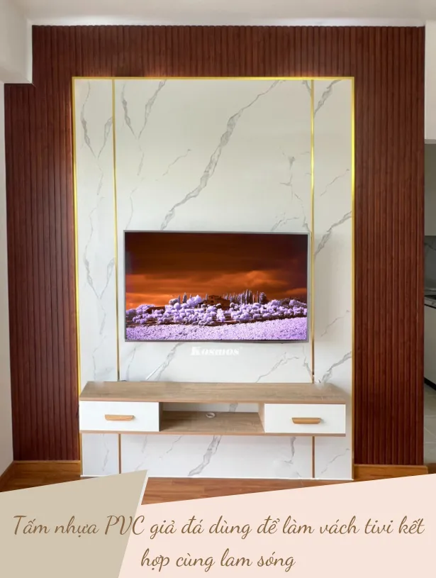 Tấm Nhựa PVC Giả Đá Dùng Để Làm Vách Tivi Kết Hợp Cùng Lam Sóng