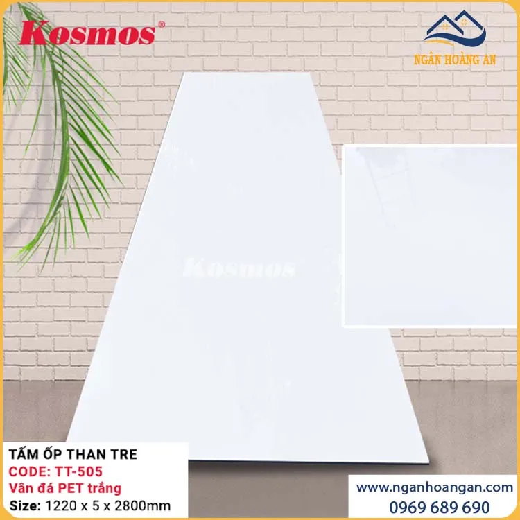Tấm Ốp Than Tre Vân Đá PET Trắng Kosmos TT-505 Dày 5mm