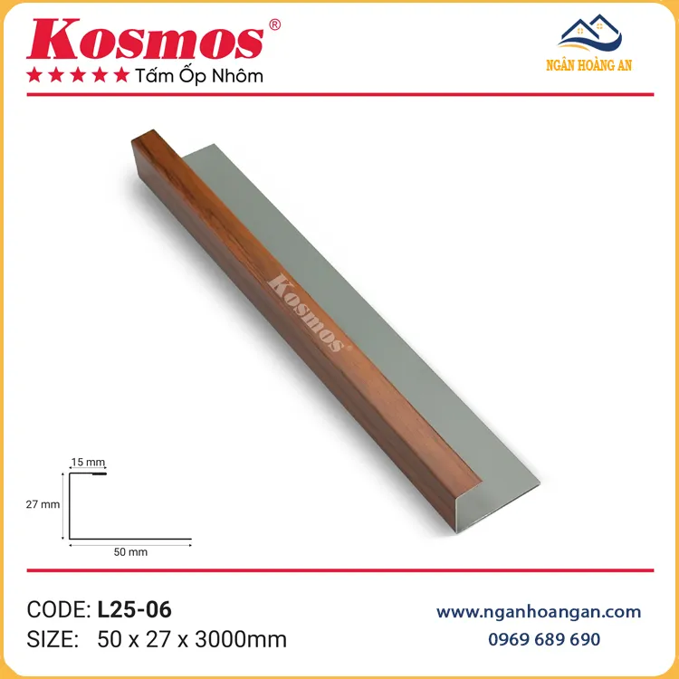 Nẹp Kết Thúc Nhôm Chữ L Kosmos L25-06 Vân Gỗ Nâu Đỏ