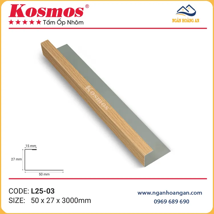 Nẹp Nhôm Chữ L Kết Thúc Kosmos L25-03 Vân Gỗ Vàng Sồi