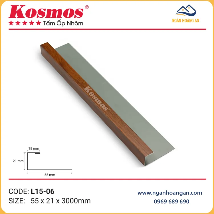 Nẹp Nhôm Kết Thúc Trần Nhôm Kosmos L15-06 Vân Gỗ Nâu Đỏ