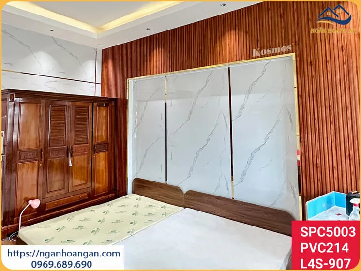 Ốp Tường Đầu Giường Lam Sóng Giả Gỗ Kết Hợp PVC Giả Đá Tại Quận 7 TPHCM
