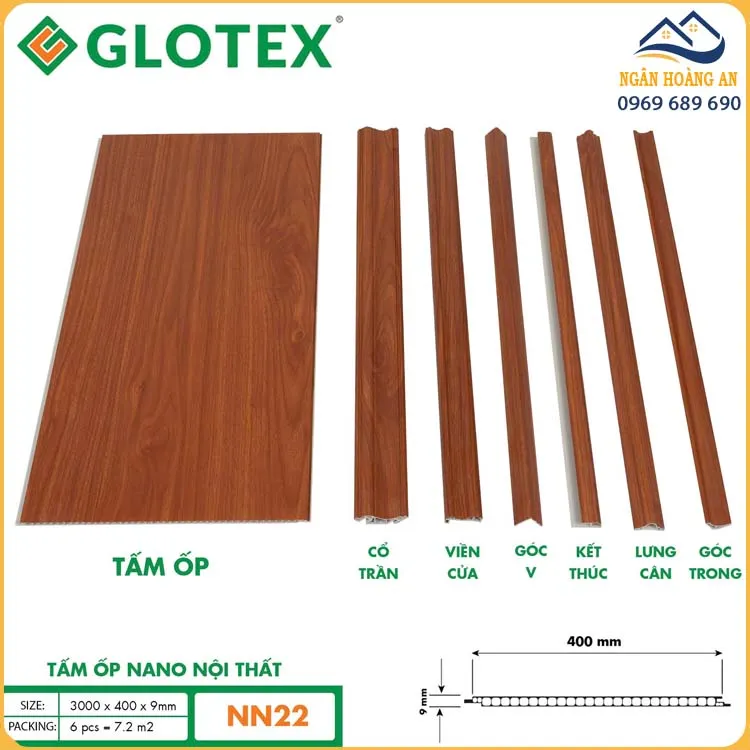 Ốp Tường Nano 9mm Glotex NN22 Vân Gỗ Đào Đỏ