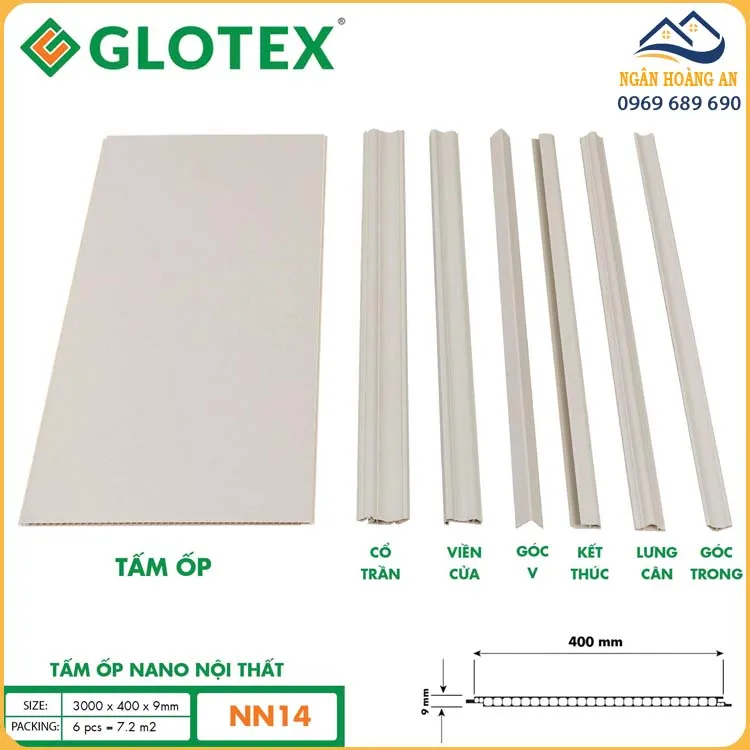 Ốp Tường Nano Glotex 9mm NN14 Vân Trơn Trắng Kem