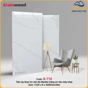 Ốp Tường Than Tre Galawood 8mm G-710 Vân Đá PET Marble Trắng Sứ Vân Mây Nhạt