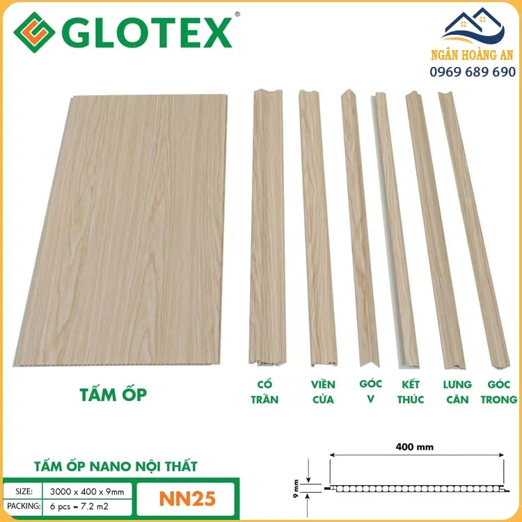 Ốp Tường Trần Nano Glotex 9mm NN25 Vân Gỗ Vàng Nhạt