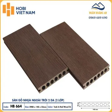 Sàn Gỗ Nhựa Ngoài Trời 2 Da Lỗ Tròn Hobiwood HB664 Teak & Red Wood