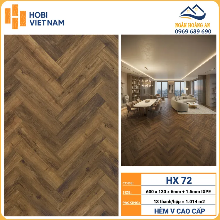 Sàn Nhựa Xương Cá Hobiwood 6mm HX72 Vân Nâu Óc Chó