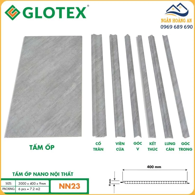 Tấm Nano Ốp Trần Glotex 9mm NN23 Vân Đá Xám Tro