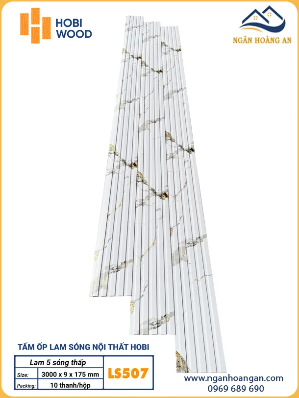 Tấm Ốp Lam Sóng Hobiwood LS507 Vân Đá Trắng Vàng Gold