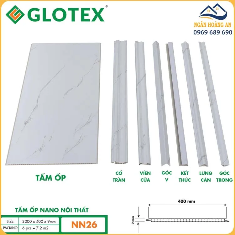 Tấm Ốp Nano 9mm Glotex NN26 Vân Đá Marble Trắng