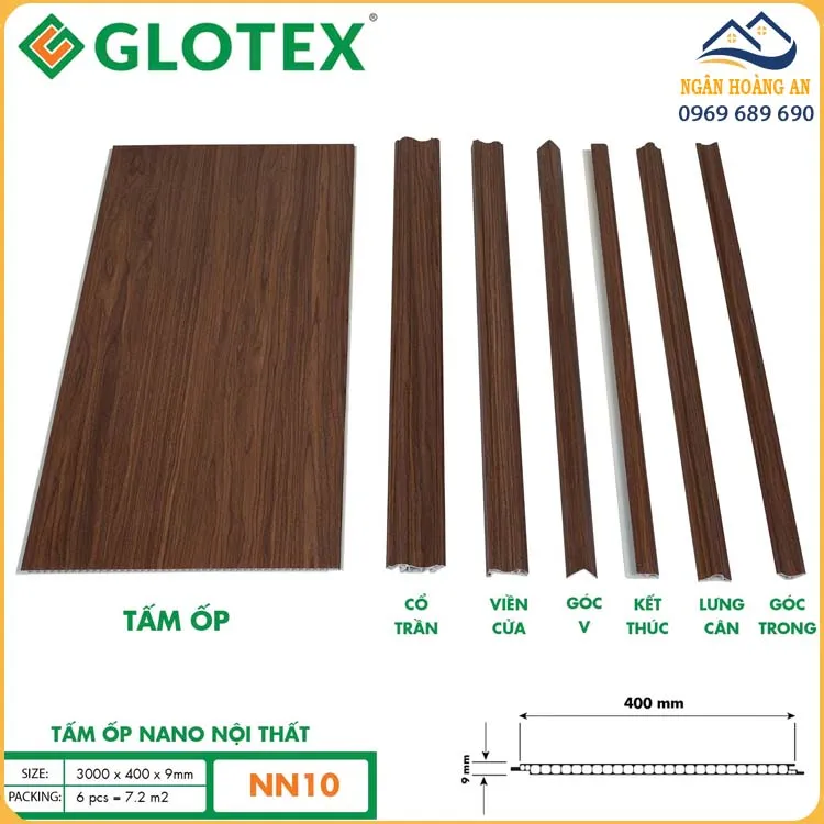 Tấm Ốp Nano Glotex 9mm NN10 Vân Gỗ Óc Chó Nâu Đậm