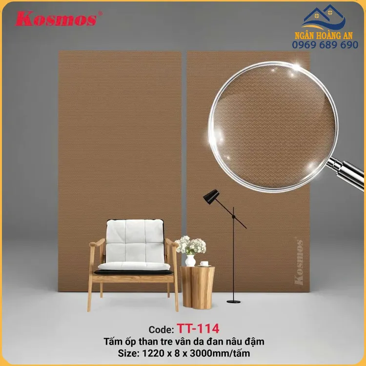 Tấm Ốp Than Tre 8mm Da Đan Kosmos TT-114 Vân Nâu Đậm