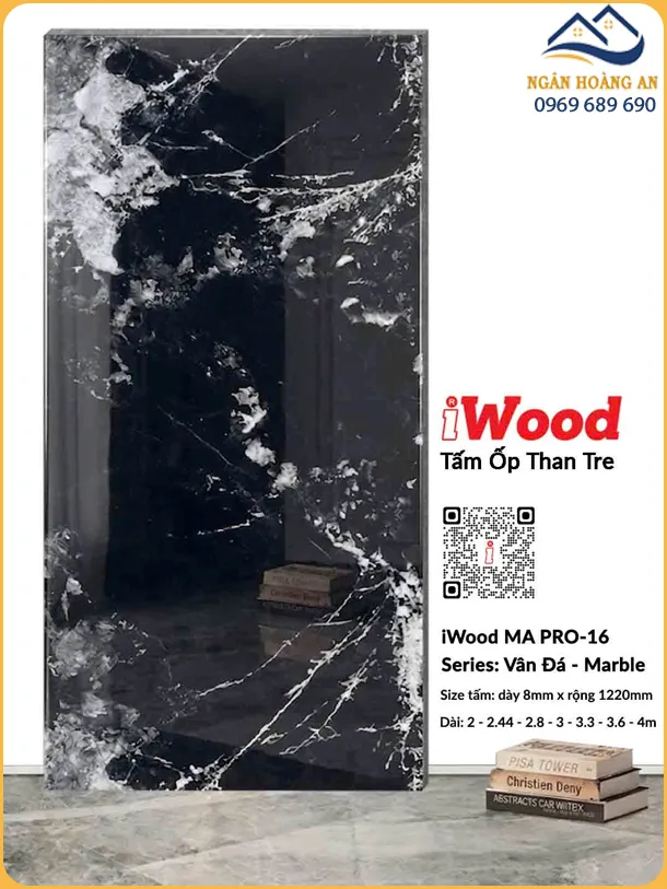 Tấm Ốp Than Tre iWood 8mm MA PRO-16 Vân Đá Đen Trắng