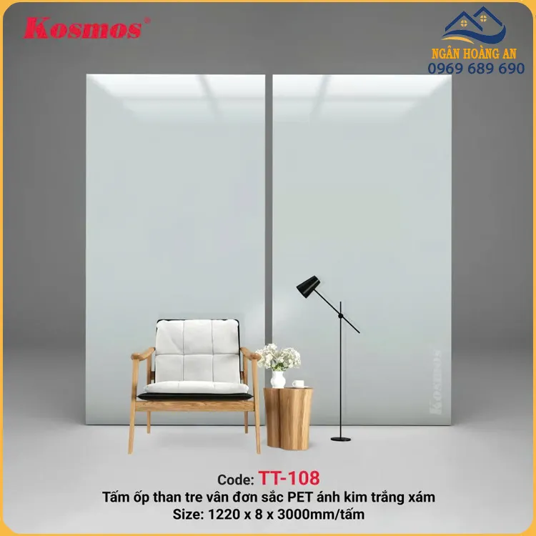 Tấm Ốp Than Tre 8mm Kosmos TT-108 Ánh Kim Trắng Xám