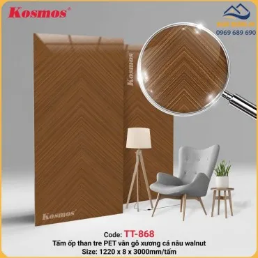 Tấm Ốp Than Tre Đa Năng Kosmos TT-868 Vân Gỗ Xương Cá Nâu PET