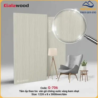 Tấm Ốp Than Tre Galawood 8mm G-706 Vân Gỗ Xước Vàng Kem Nhạt