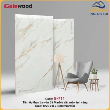 Tấm Ốp Than Tre Galawood Vân Đá PET Marble Vân Mây Ánh Vàng 8mm G-711