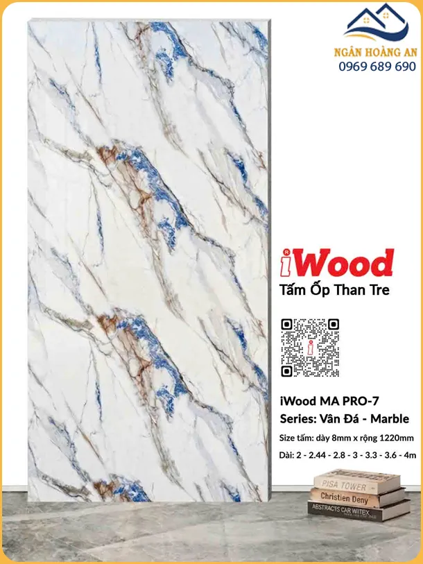 Tấm Ốp Than Tre iWood 8mm MA PRO-7 Vân Trắng Xanh Dương