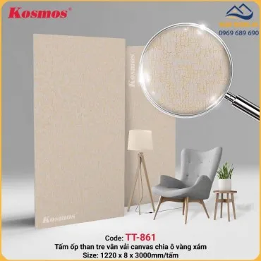 Tấm Ốp Than Tre Kosmos TT-861 Vân Vải Vàng Ánh Kim Chia Ô Xám