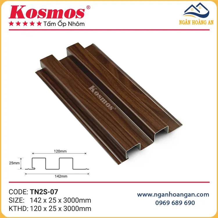 Tấm Ốp Trần Nhôm 2 Sóng Kosmos TN2S-07 Vân Gỗ Nâu Walnut