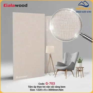 Tấm Ốp Tường Sợi Than Tre Galawood 8mm G-703 Vân Vải Vàng Kem