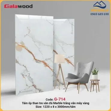 Tấm Ốp Tường Than Tre Galawood G-714 Vân Đá PET Marble Trắng Vân Mây Vàng