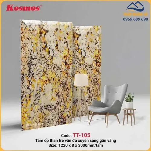 Tấm Ốp Tường Sợi Than Tre Kosmos Vân Đá PET Giả Xuyên Sáng Gân Vàng TT-105